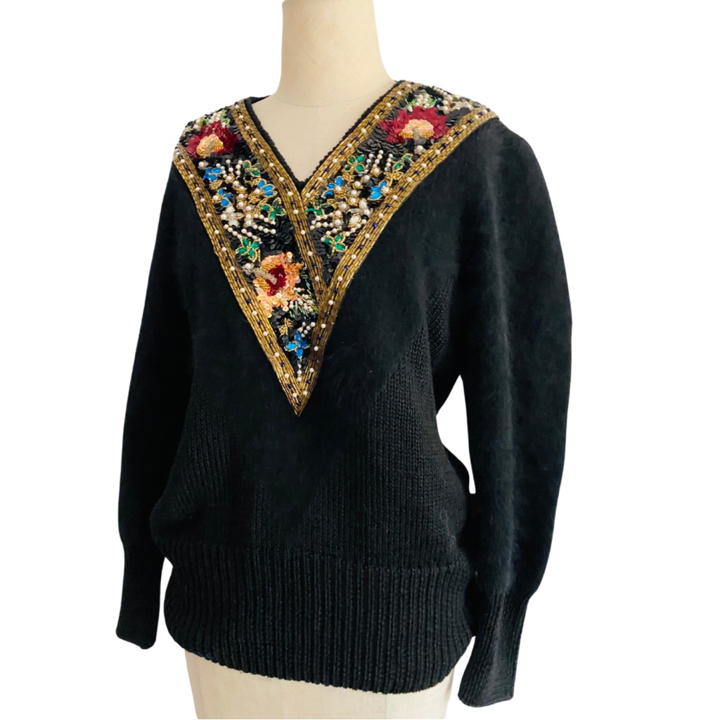 Vtg 90s Angora Cotton Black Sweater Beaded Sequin Elegant Long Sleeve Sweater M